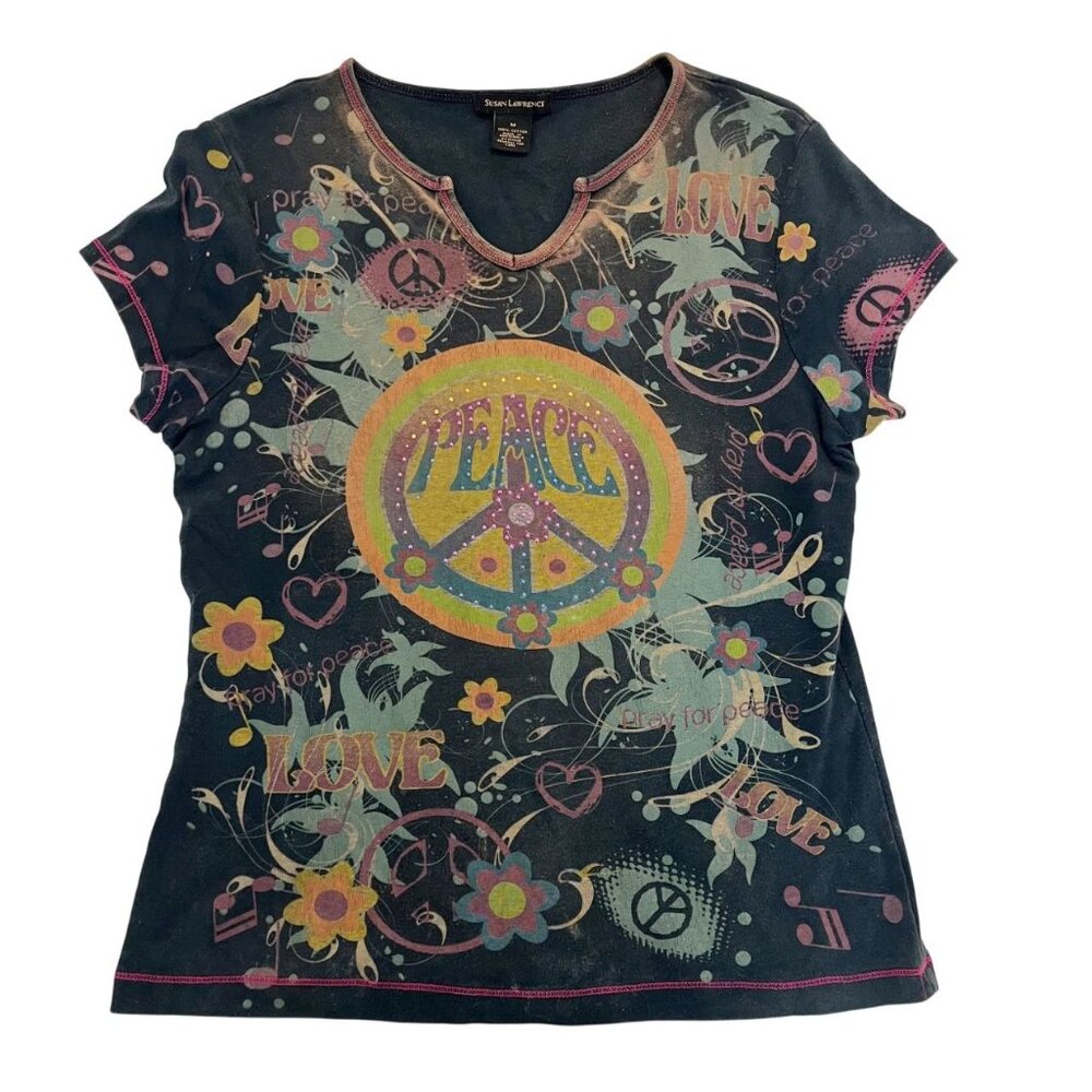 Vintage Peace Love Rhinestone AOP Retro Tee Y2K Hippie‎ All Over Print MEDIUM